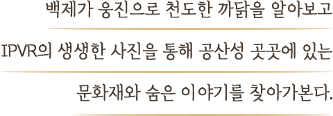 백제가 웅진으로 천도한 까닭을 알아보고 IPVR의 생생한 사진을 통해 공산성 곳곳에 있는 문화재와 숨은 이야기를 찾아가본다.