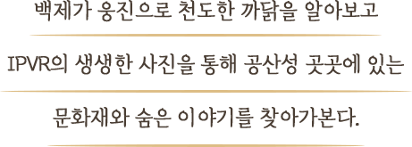 백제가 웅진으로 천도한 까닭을 알아보고 IPVR의 생생한 사진을 통해 공산성 곳곳에 있는 문화재와 숨은 이야기를 찾아가본다.