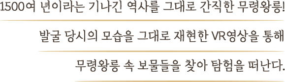 1500여 년이라는 기나긴 역사를 그대로 간직한 무령왕릉! 발굴 당시의 모습을 그대로 재현한 VR영상을 통해 무령왕릉 속 보물들을 찾아 탐험을 떠난다.