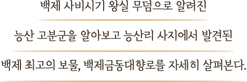 백제 사비시기 왕실 무덤으로 알려진 능산 고분군을 알아보고 능산리 사지에서 발견된 백제 최고의 보물, 백제금동대향로를 자세히 살펴본다.