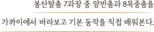 봉산탈춤 7과장 중 양반춤과 8목중춤을 가까이에서 바라보고 기본 동작을 배워본다.