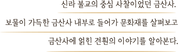 신라 불교의 중심 사찰이었던 금산사. 보물이 가득한 금산사 내부로 들어가 문화재를 살펴보고 금산사에 얽힌 견훤의 이야기를 알아본다.