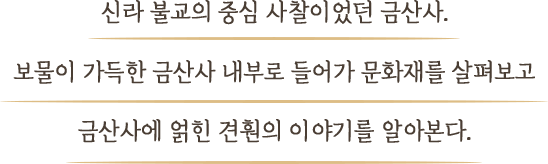 신라 불교의 중심 사찰이었던 금산사. 보물이 가득한 금산사 내부로 들어가 문화재를 살펴보고 금산사에 얽힌 견훤의 이야기를 알아본다.