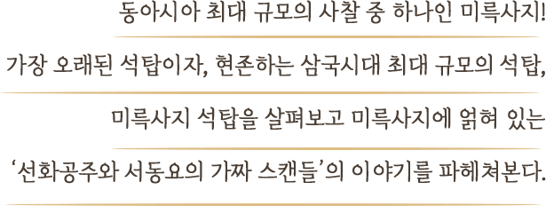 동아시아 최대 규모의 사찰 중 하나인 미륵사지! 가장 오래된 석탑이자, 현존하는 삼국시대 최대 규모의 석탑, 미륵사지 석탑을 살펴보고 미륵사지에 얽혀 있는 ‘선화공주와 서동요의 가짜 스캔들’의 이야기를 파헤쳐본다.