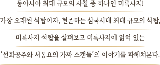동아시아 최대 규모의 사찰 중 하나인 미륵사지! 가장 오래된 석탑이자, 현존하는 삼국시대 최대 규모의 석탑, 미륵사지 석탑을 살펴보고 미륵사지에 얽혀 있는 ‘선화공주와 서동요의 가짜 스캔들’의 이야기를 파헤쳐본다.